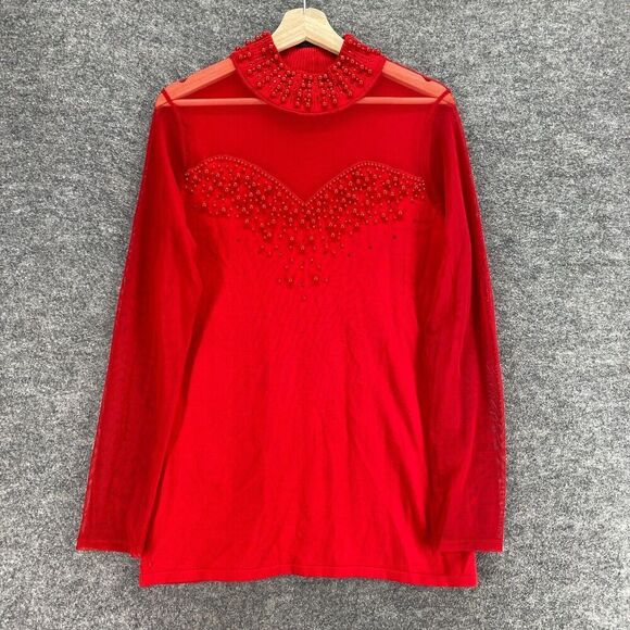 Unbranded Blouse Women M Medium Red Rhinestone Long Sleeve High Neck Pullover - Picture 1 of 7